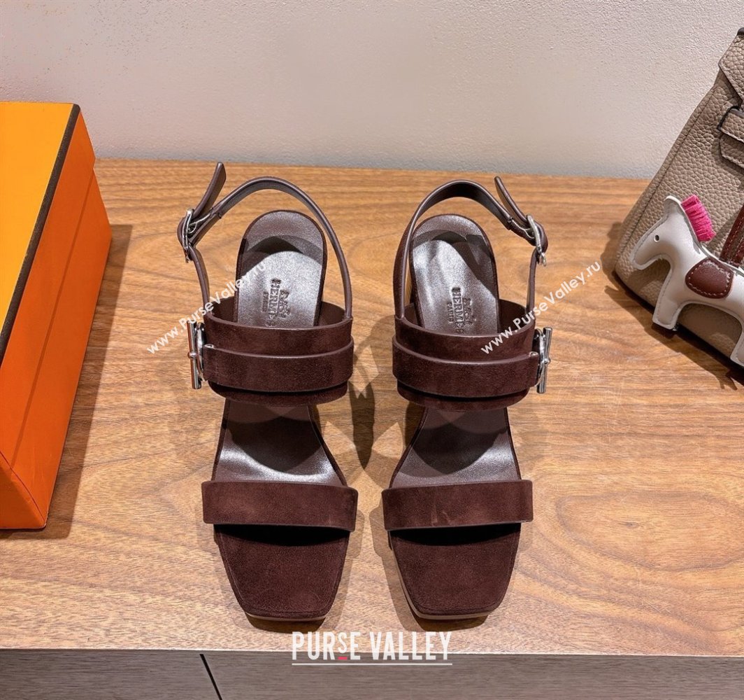 Hermes Keen Heel Sandals 9cm in Suede with Glenan Buckle Dark Brown 2025 0421 (XC-250421011)