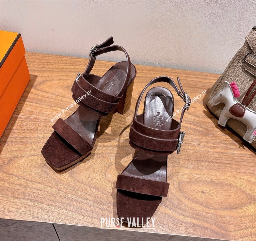 Hermes Keen Heel Sandals 9cm in Suede with Glenan Buckle Dark Brown 2025 0421 (XC-250421011)