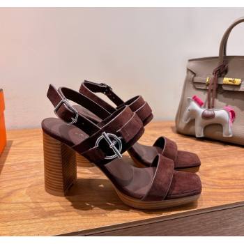 Hermes Keen Heel Sandals 9cm in Suede with Glenan Buckle Dark Brown 2025 0421 (XC-250421011)