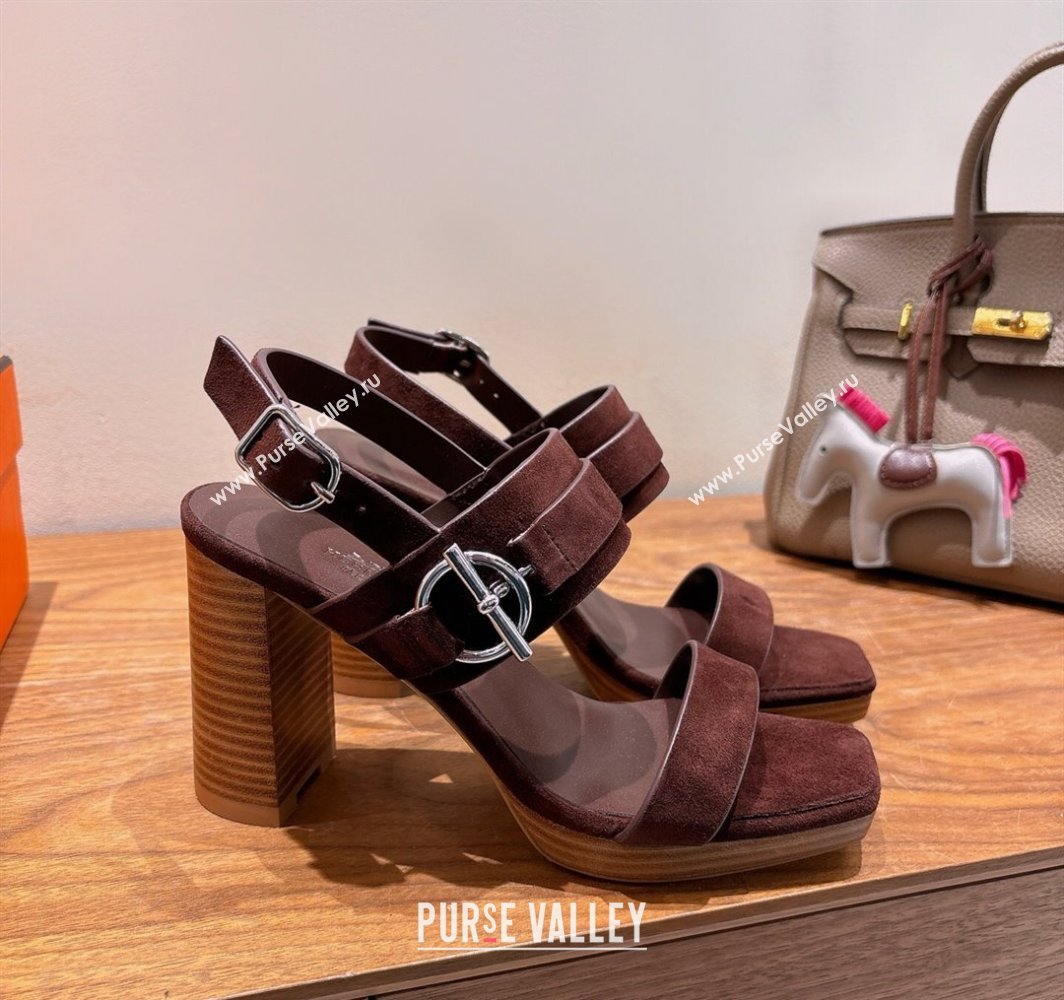 Hermes Keen Heel Sandals 9cm in Suede with Glenan Buckle Dark Brown 2025 0421 (XC-250421011)