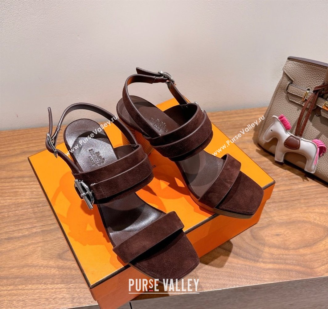 Hermes Keen Heel Sandals 9cm in Suede with Glenan Buckle Dark Brown 2025 0421 (XC-250421011)