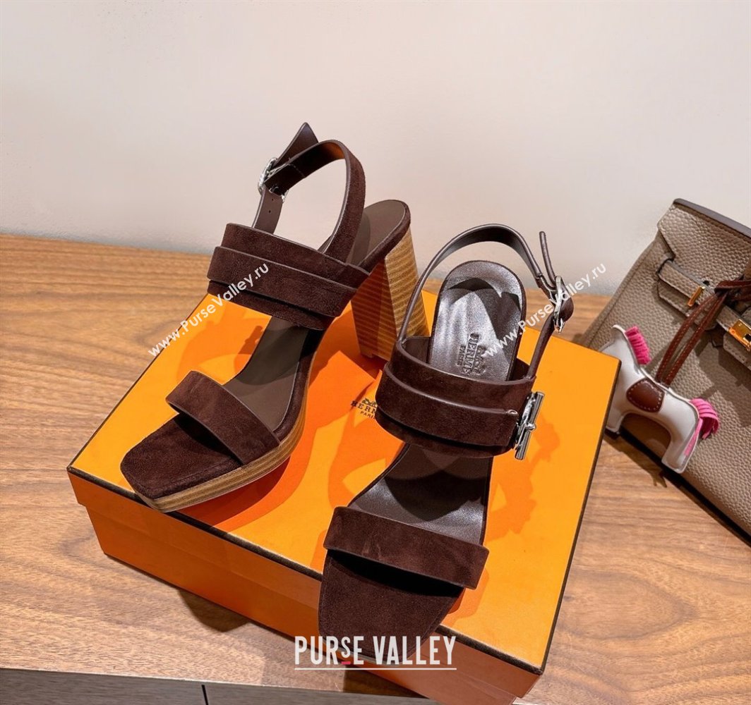 Hermes Keen Heel Sandals 9cm in Suede with Glenan Buckle Dark Brown 2025 0421 (XC-250421011)