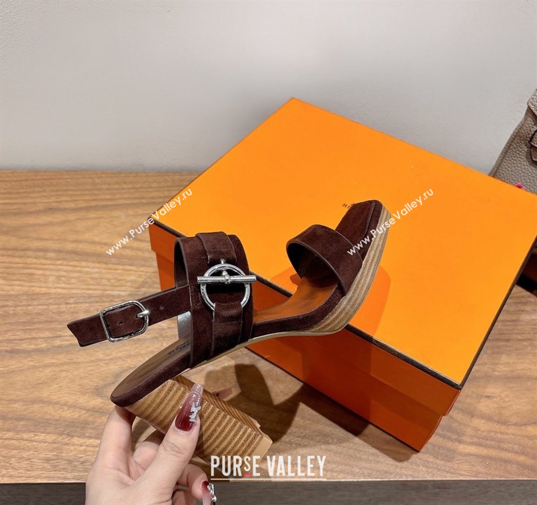 Hermes Keen Heel Sandals 9cm in Suede with Glenan Buckle Dark Brown 2025 0421 (XC-250421011)