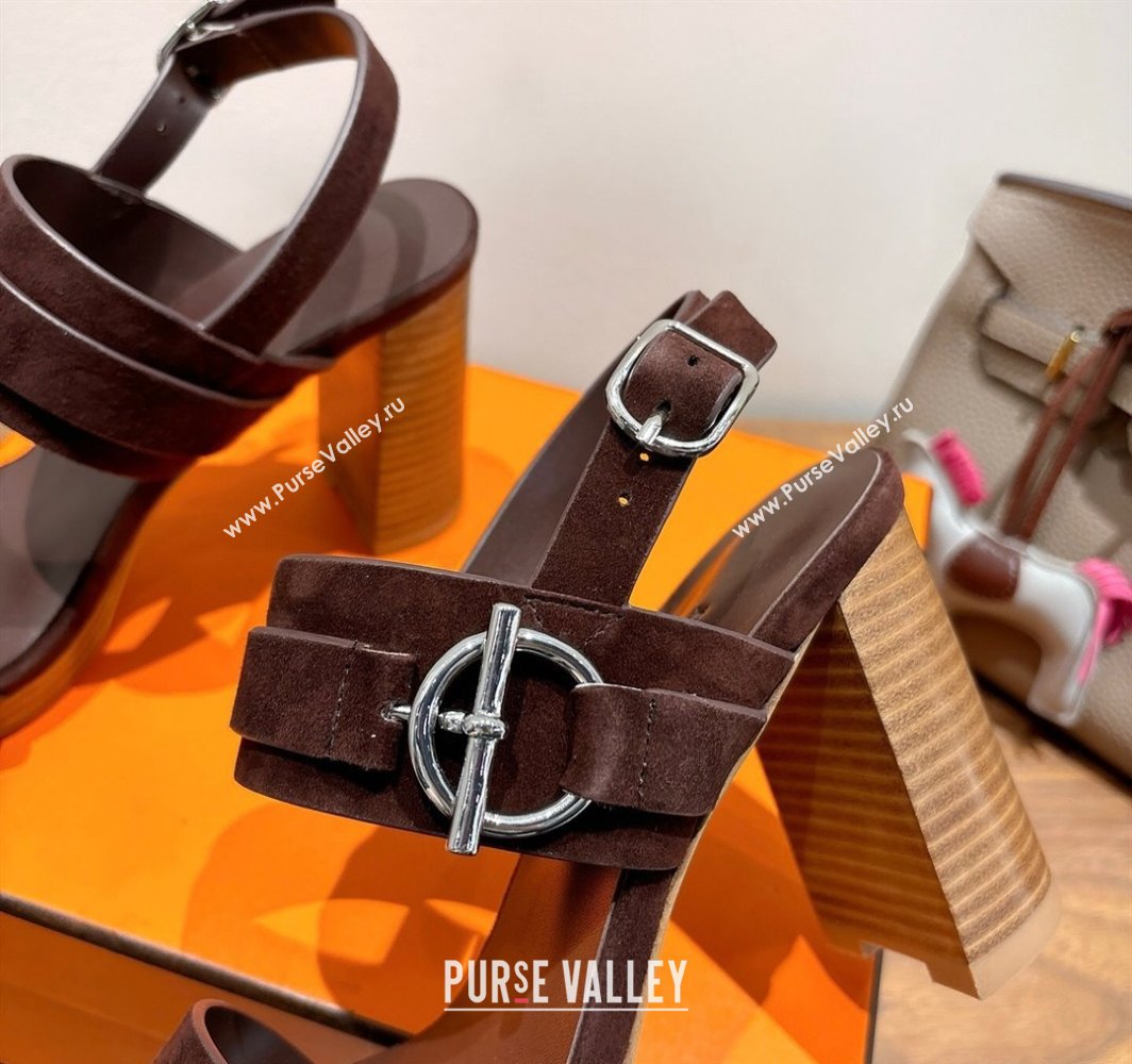 Hermes Keen Heel Sandals 9cm in Suede with Glenan Buckle Dark Brown 2025 0421 (XC-250421011)