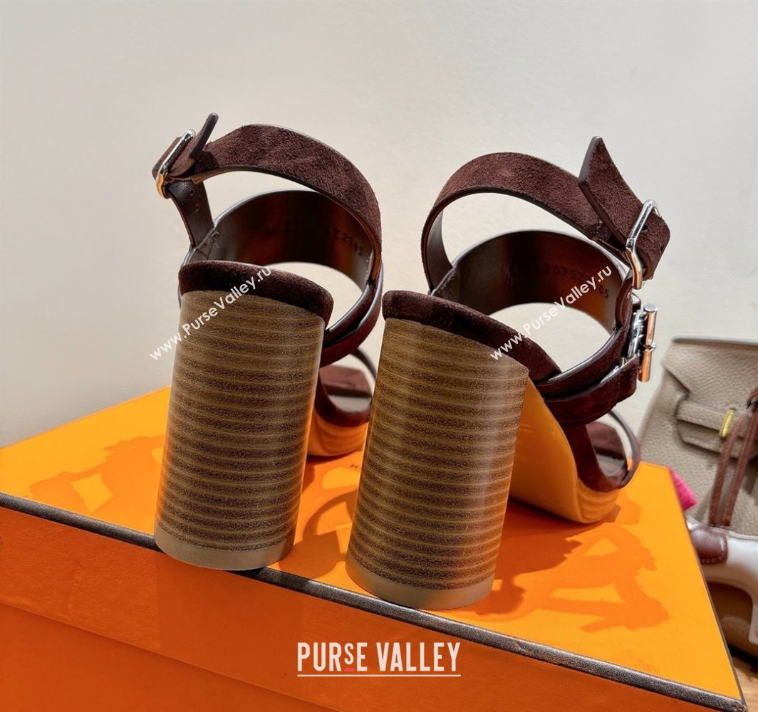 Hermes Keen Heel Sandals 9cm in Suede with Glenan Buckle Dark Brown 2025 0421 (XC-250421011)