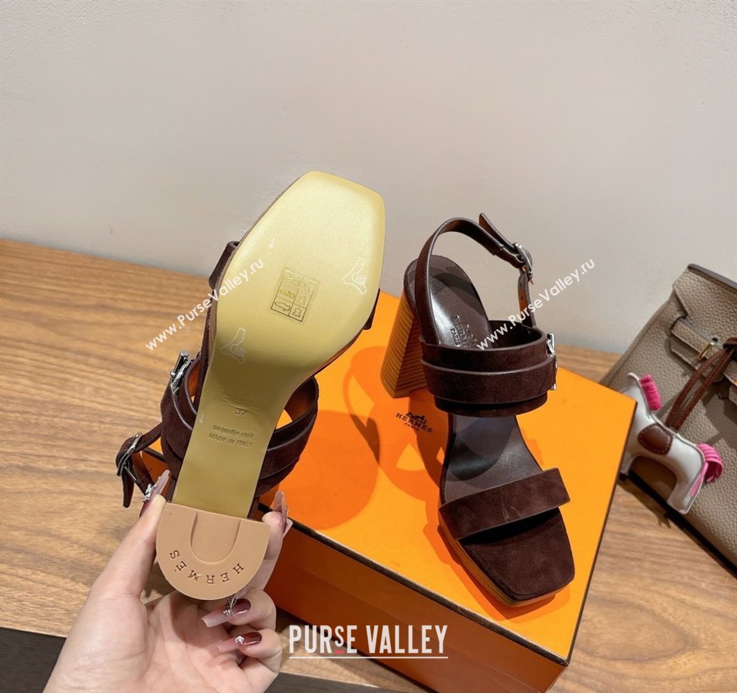 Hermes Keen Heel Sandals 9cm in Suede with Glenan Buckle Dark Brown 2025 0421 (XC-250421011)