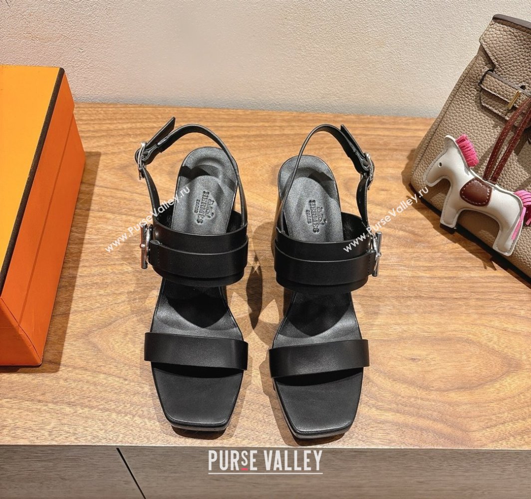 Hermes Keen Heel Sandals 9cm in Calfskin Leather with Glenan Buckle Black 2025 0421 (XC-250421012)