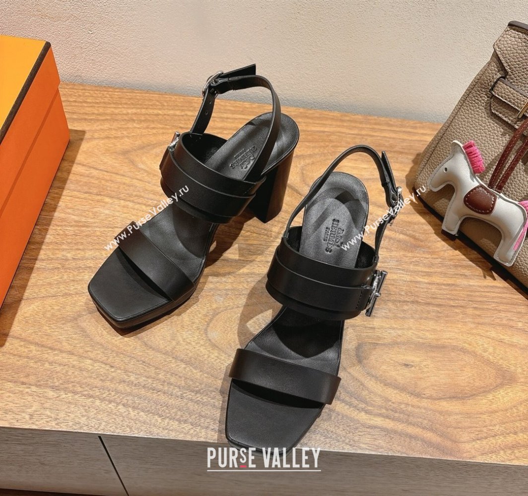 Hermes Keen Heel Sandals 9cm in Calfskin Leather with Glenan Buckle Black 2025 0421 (XC-250421012)