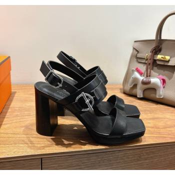 Hermes Keen Heel Sandals 9cm in Calfskin Leather with Glenan Buckle Black 2025 0421 (XC-250421012)