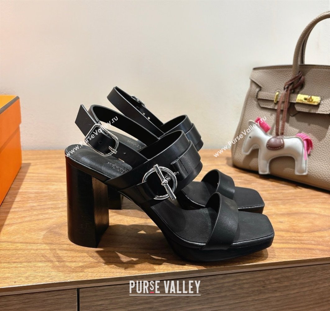 Hermes Keen Heel Sandals 9cm in Calfskin Leather with Glenan Buckle Black 2025 0421 (XC-250421012)