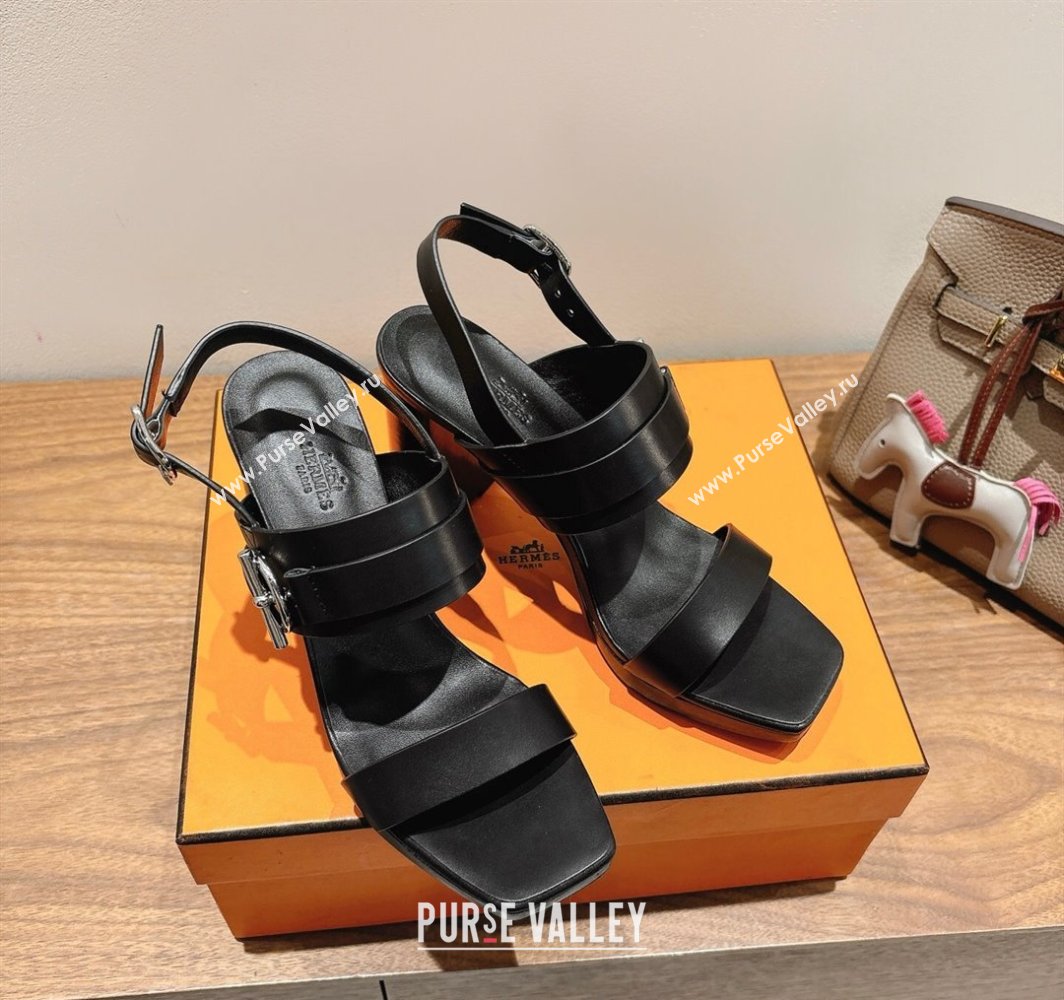 Hermes Keen Heel Sandals 9cm in Calfskin Leather with Glenan Buckle Black 2025 0421 (XC-250421012)