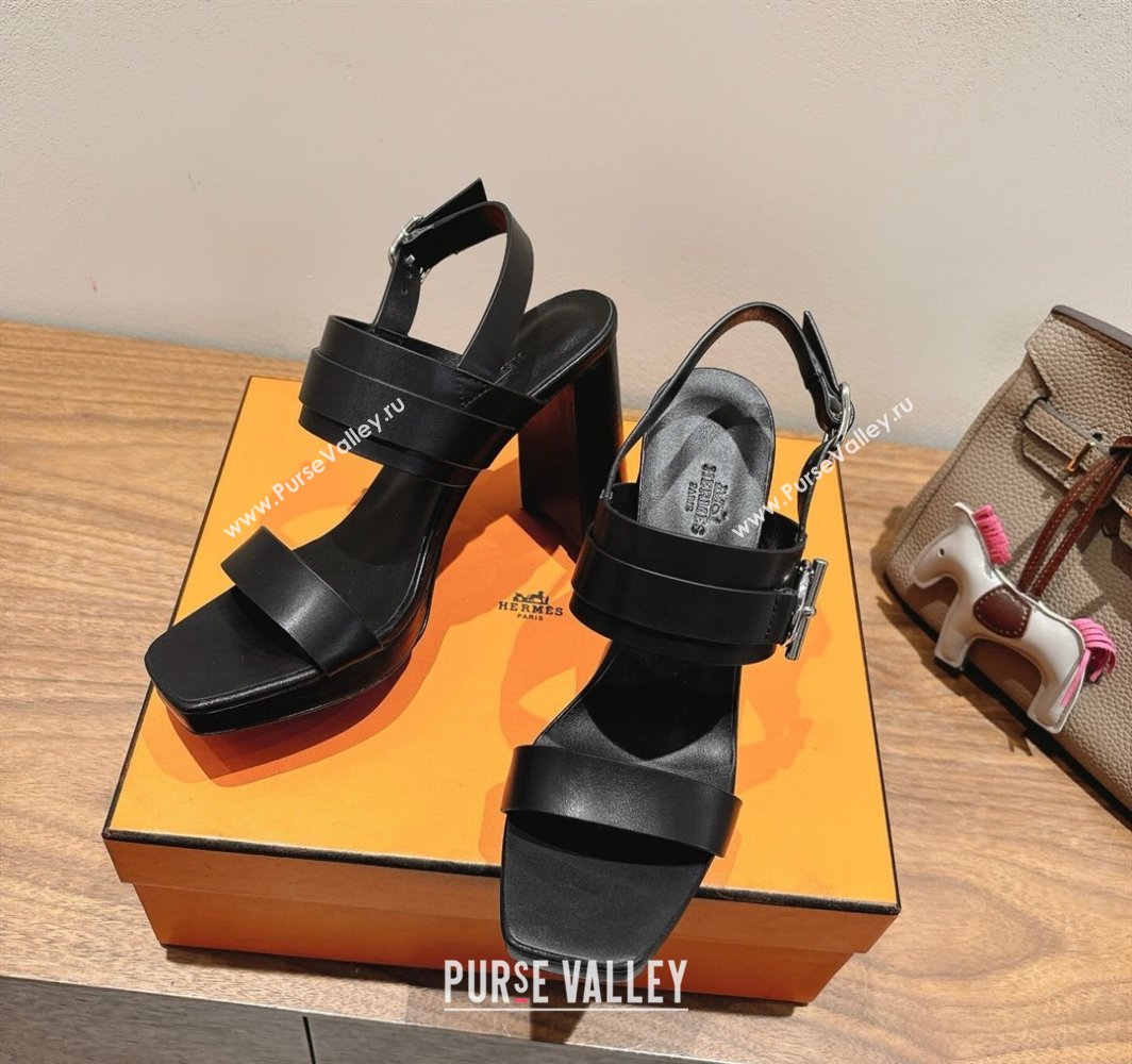 Hermes Keen Heel Sandals 9cm in Calfskin Leather with Glenan Buckle Black 2025 0421 (XC-250421012)