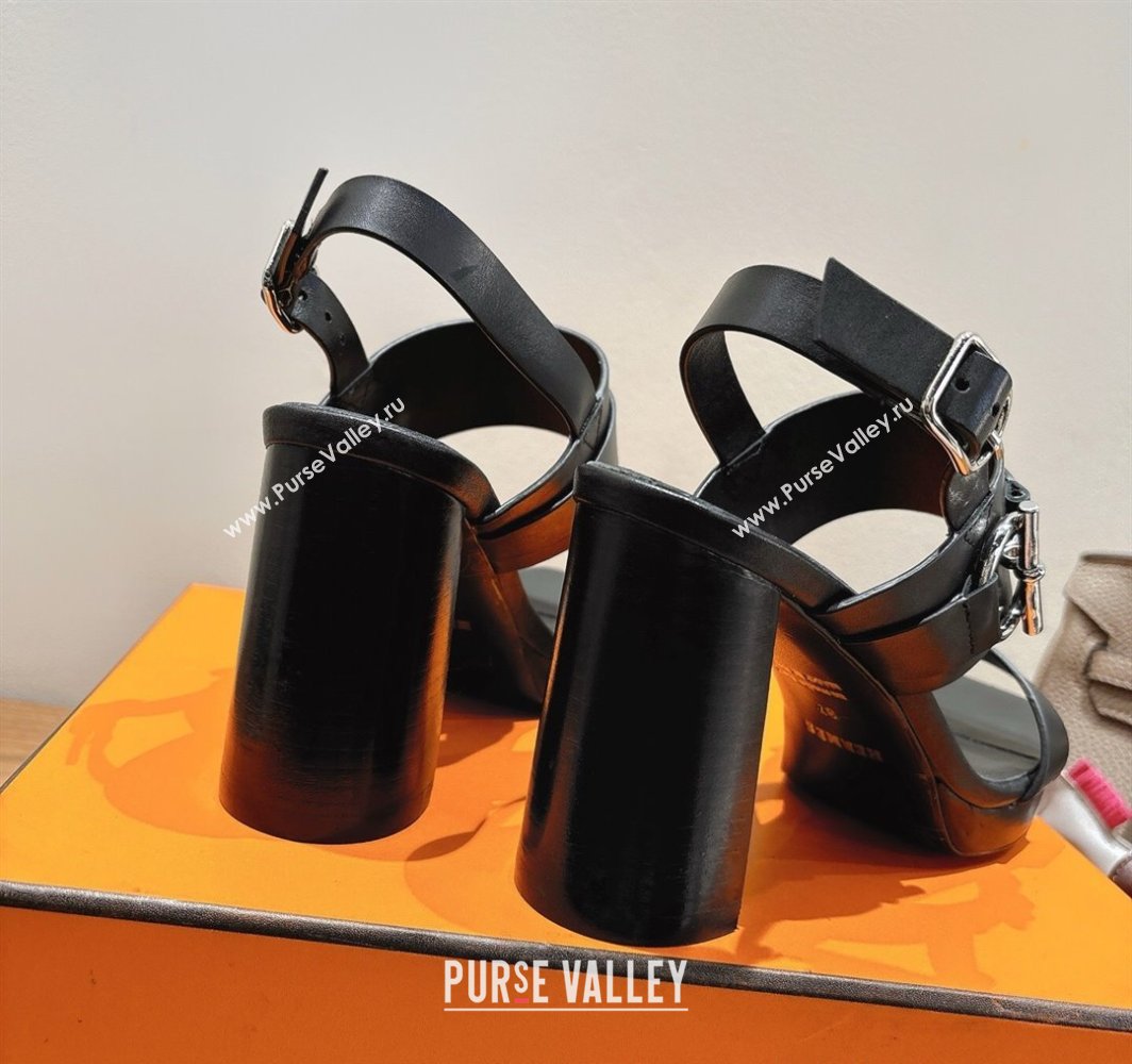 Hermes Keen Heel Sandals 9cm in Calfskin Leather with Glenan Buckle Black 2025 0421 (XC-250421012)