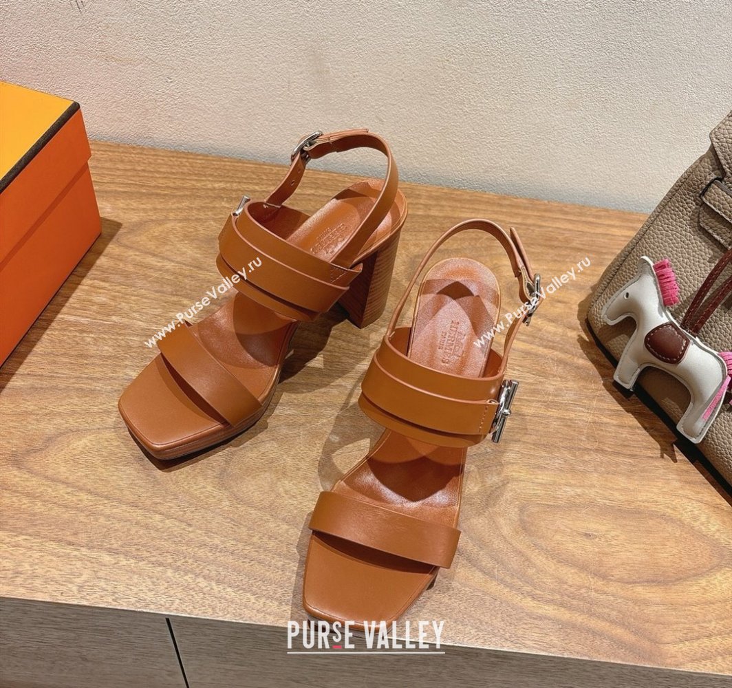 Hermes Keen Heel Sandals 9cm in Calfskin Leather with Glenan Buckle Brown 2025 0421 (XC-250421014)