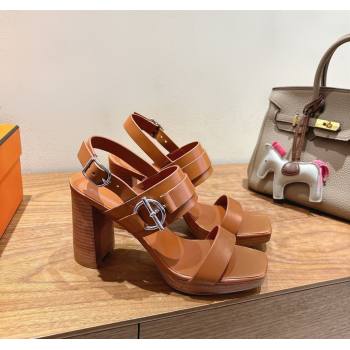 Hermes Keen Heel Sandals 9cm in Calfskin Leather with Glenan Buckle Brown 2025 0421 (XC-250421014)