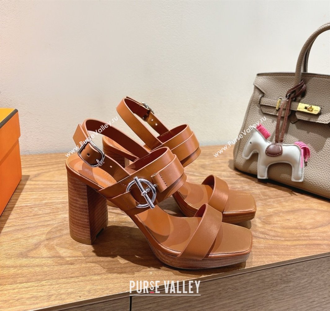 Hermes Keen Heel Sandals 9cm in Calfskin Leather with Glenan Buckle Brown 2025 0421 (XC-250421014)