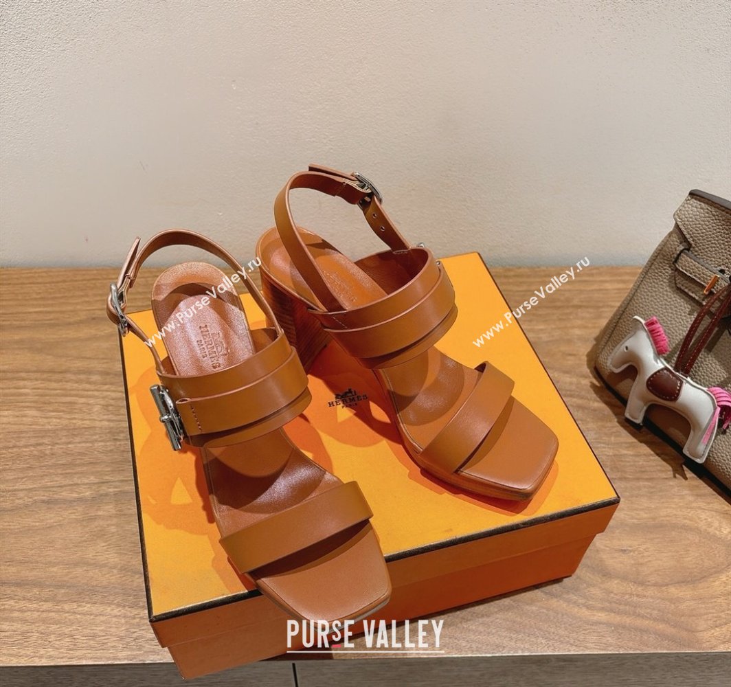 Hermes Keen Heel Sandals 9cm in Calfskin Leather with Glenan Buckle Brown 2025 0421 (XC-250421014)