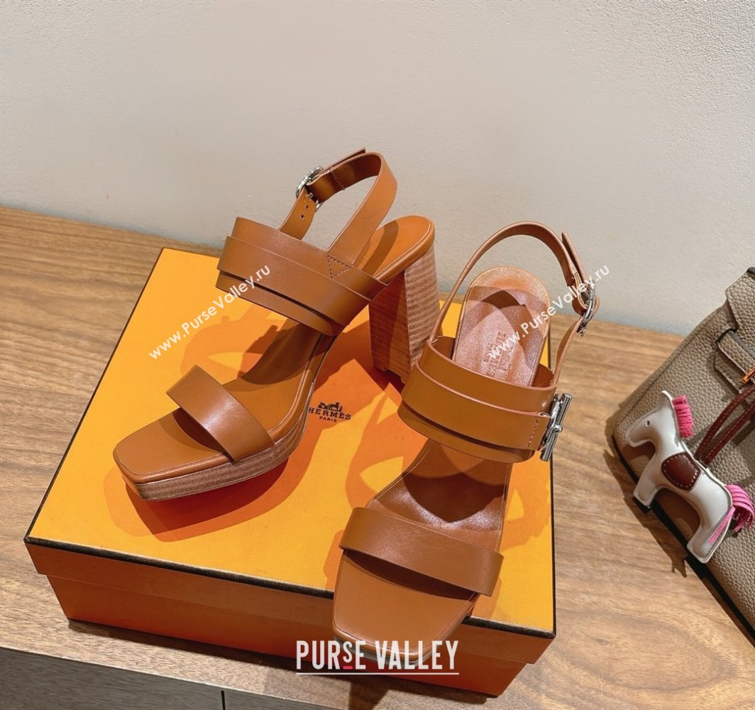 Hermes Keen Heel Sandals 9cm in Calfskin Leather with Glenan Buckle Brown 2025 0421 (XC-250421014)