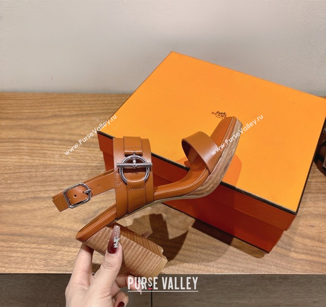 Hermes Keen Heel Sandals 9cm in Calfskin Leather with Glenan Buckle Brown 2025 0421 (XC-250421014)
