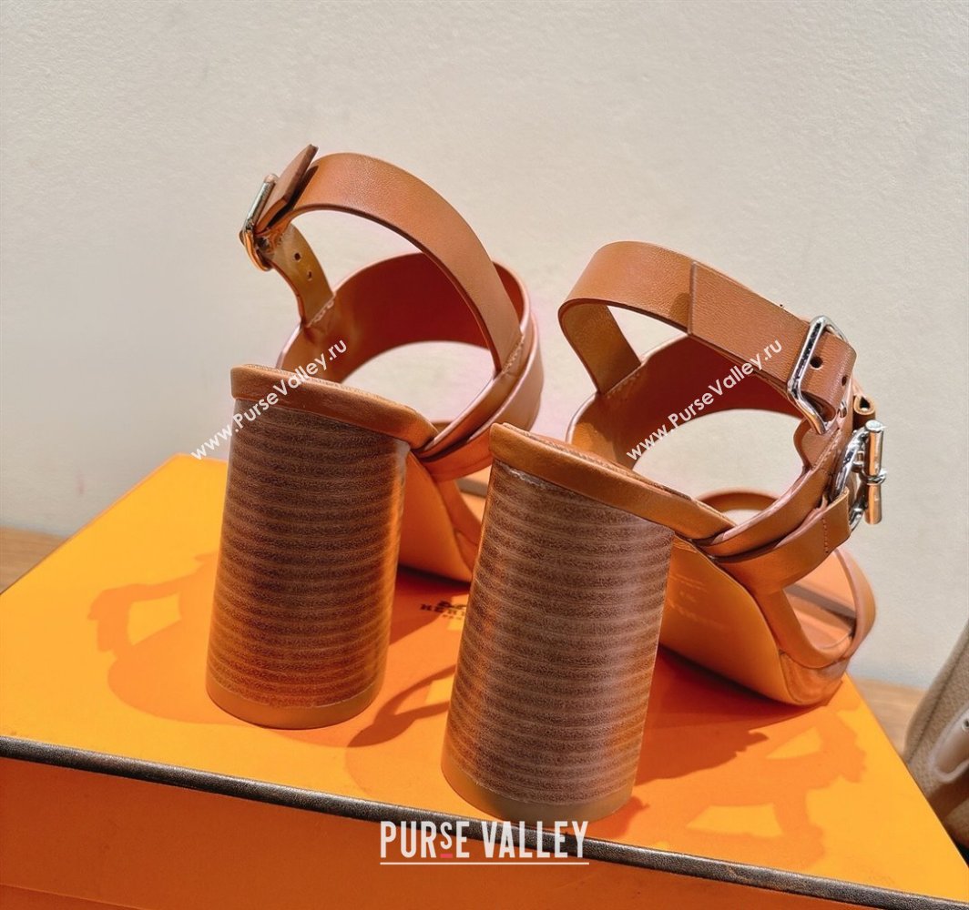 Hermes Keen Heel Sandals 9cm in Calfskin Leather with Glenan Buckle Brown 2025 0421 (XC-250421014)