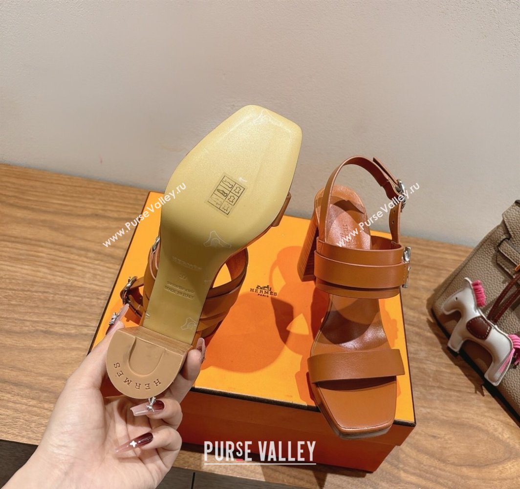Hermes Keen Heel Sandals 9cm in Calfskin Leather with Glenan Buckle Brown 2025 0421 (XC-250421014)