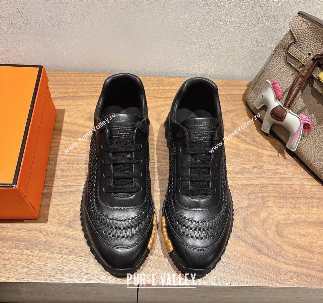 Hermes Bouncing Sneakers in Calfskin Leather with Braided Detail All Black 2025 0419 (XC-250419102)
