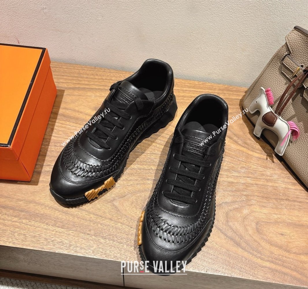 Hermes Bouncing Sneakers in Calfskin Leather with Braided Detail All Black 2025 0419 (XC-250419102)