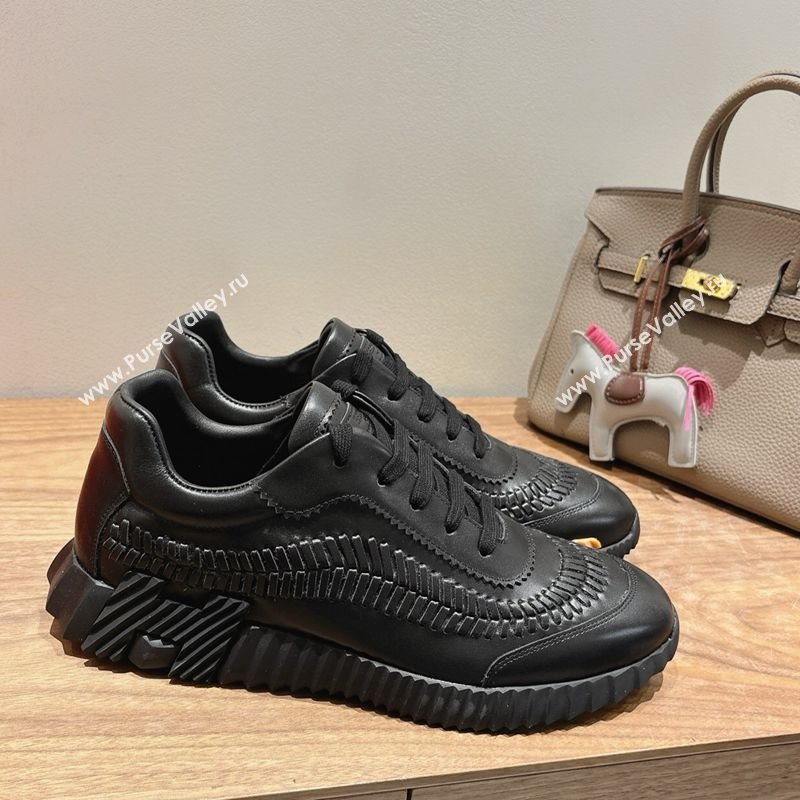 Hermes Bouncing Sneakers in Calfskin Leather with Braided Detail All Black 2025 0419 (XC-250419102)