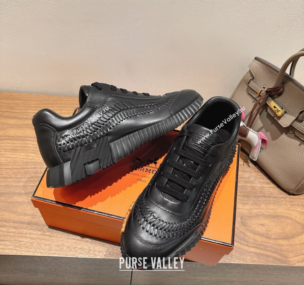Hermes Bouncing Sneakers in Calfskin Leather with Braided Detail All Black 2025 0419 (XC-250419102)