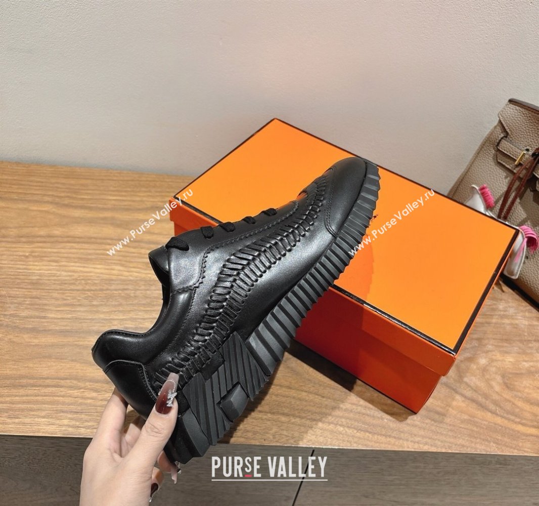 Hermes Bouncing Sneakers in Calfskin Leather with Braided Detail All Black 2025 0419 (XC-250419102)