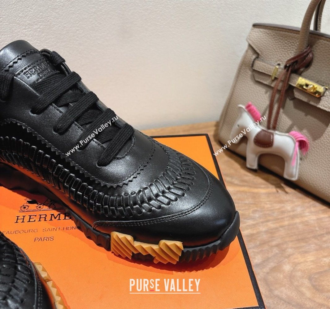 Hermes Bouncing Sneakers in Calfskin Leather with Braided Detail All Black 2025 0419 (XC-250419102)