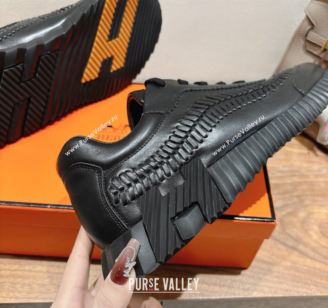 Hermes Bouncing Sneakers in Calfskin Leather with Braided Detail All Black 2025 0419 (XC-250419102)