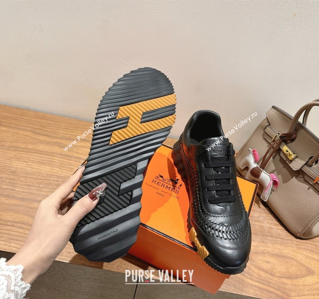 Hermes Bouncing Sneakers in Calfskin Leather with Braided Detail All Black 2025 0419 (XC-250419102)