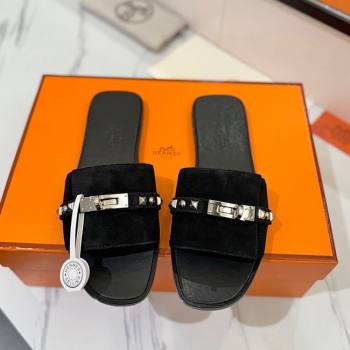 Hermes Giulia Flat Slides Sandal in Suede with Kelly Buckle and Studs Black 2025 0421 (MD-250421026)