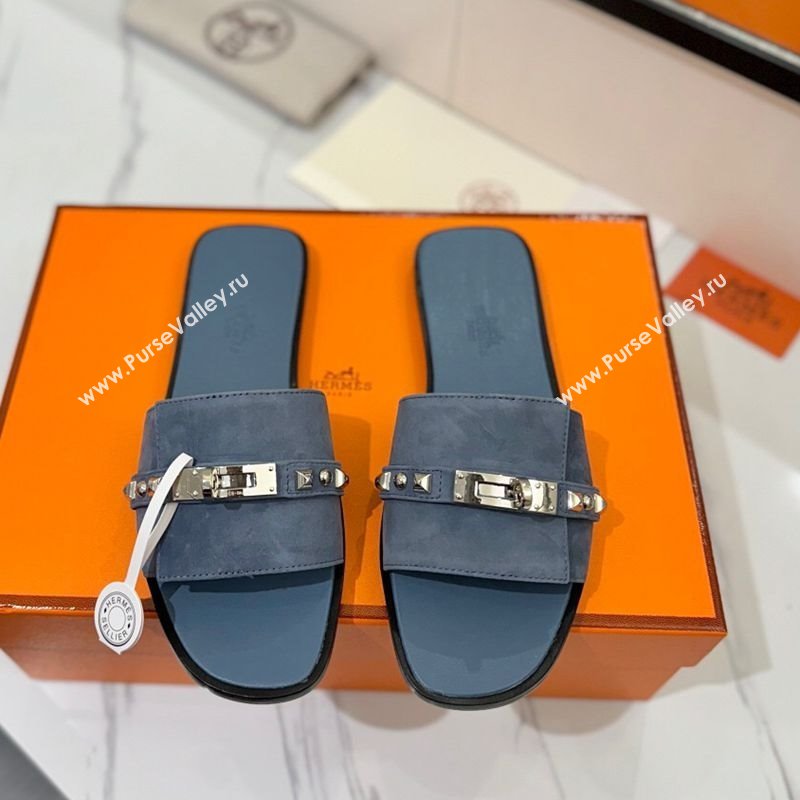 Hermes Giulia Flat Slides Sandal in Suede with Kelly Buckle and Studs Grey 2025 0421 (MD-250421028)
