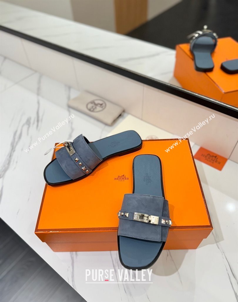 Hermes Giulia Flat Slides Sandal in Suede with Kelly Buckle and Studs Grey 2025 0421 (MD-250421028)