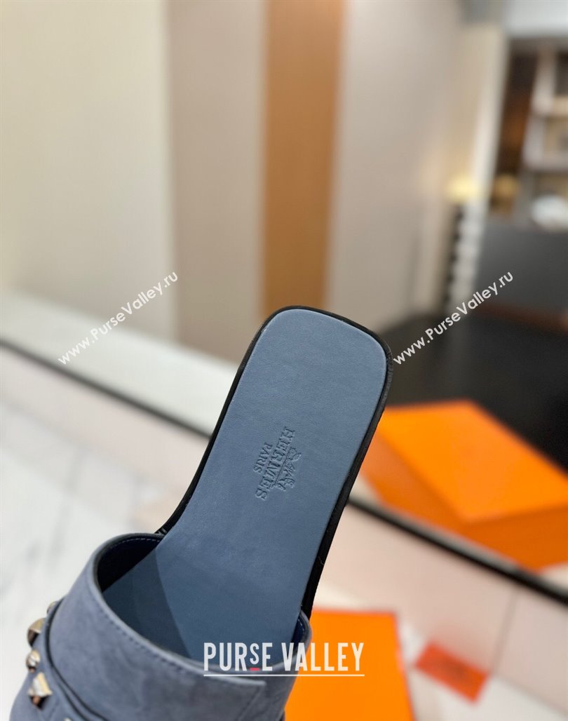 Hermes Giulia Flat Slides Sandal in Suede with Kelly Buckle and Studs Grey 2025 0421 (MD-250421028)