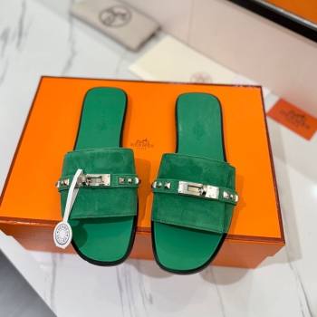 Hermes Giulia Flat Slides Sandal in Suede with Kelly Buckle and Studs Green2 2025 0421 (MD-250421029)
