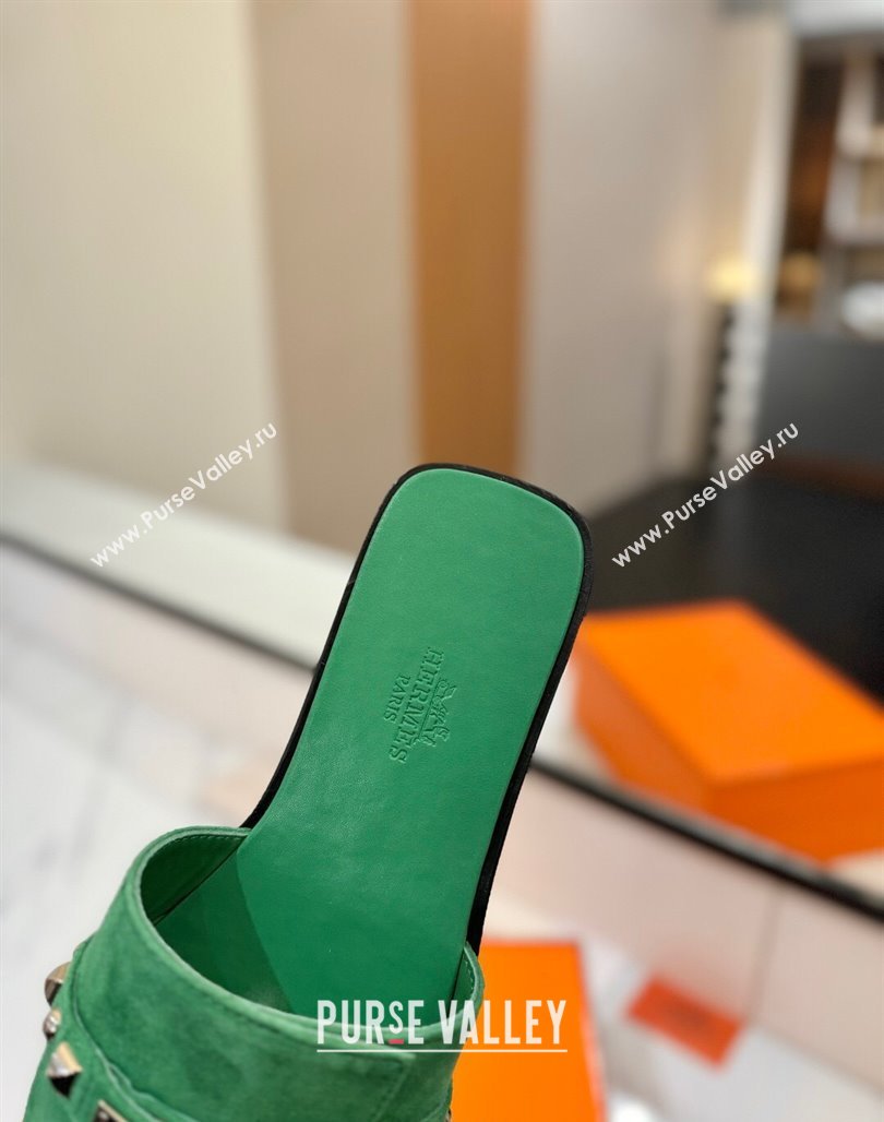 Hermes Giulia Flat Slides Sandal in Suede with Kelly Buckle and Studs Green2 2025 0421 (MD-250421029)