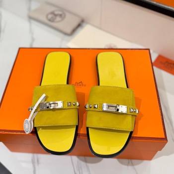 Hermes Giulia Flat Slides Sandal in Suede with Kelly Buckle and Studs Yellow 2025 0421 (MD-250421031)