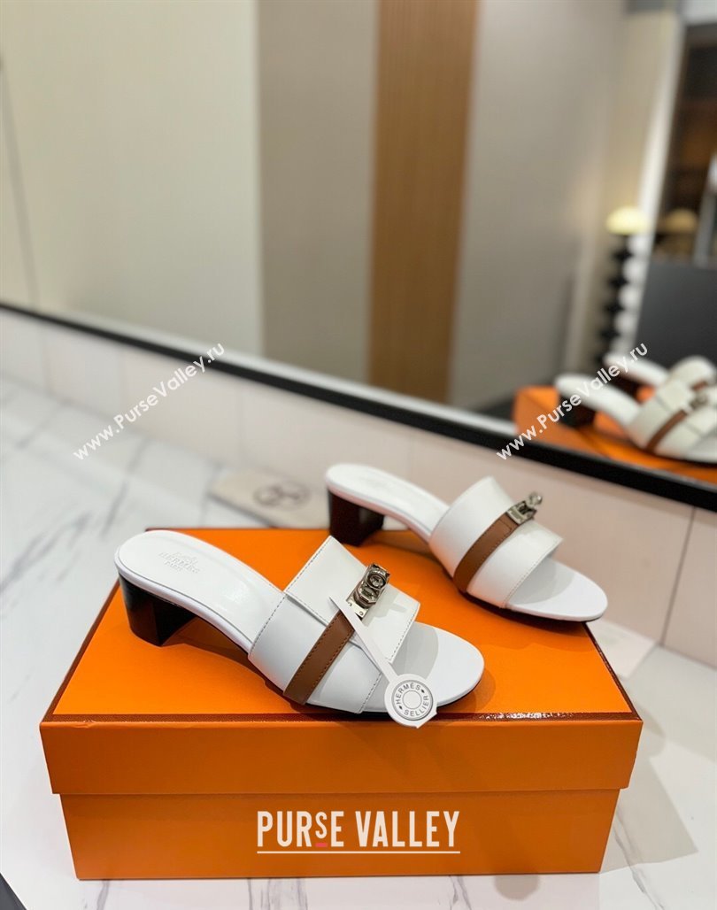 Hermes Gigi Heel Slides Sandal 4.5cm in Calfskin Leather with Kelly Buckle White 2025 0421 (MD-250421032)