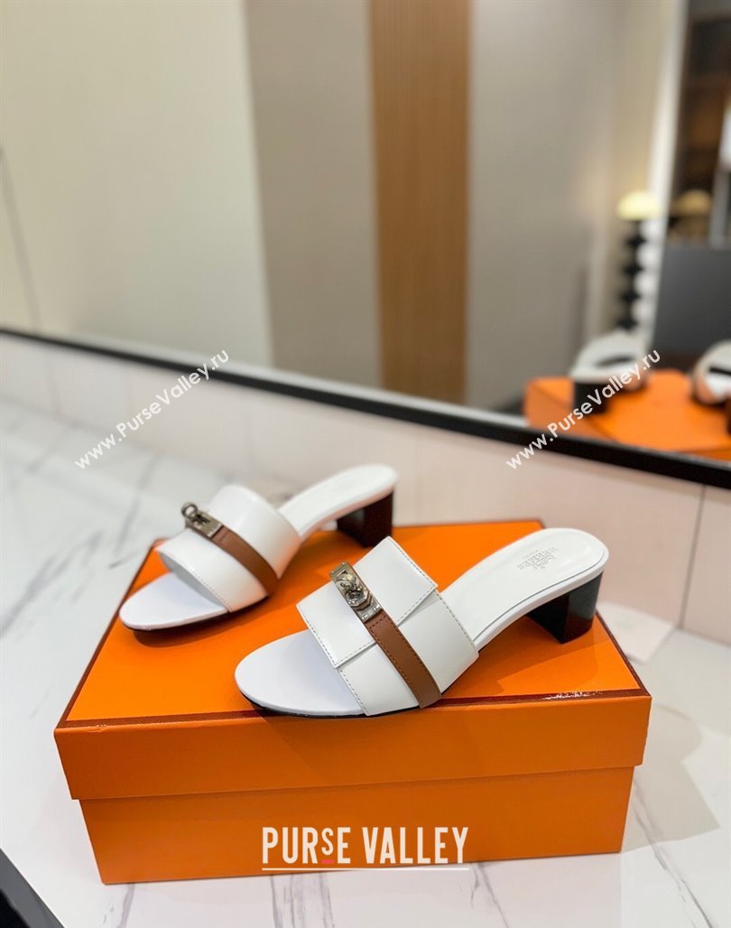 Hermes Gigi Heel Slides Sandal 4.5cm in Calfskin Leather with Kelly Buckle White 2025 0421 (MD-250421032)