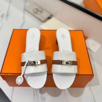 Hermes Gigi Heel Slides Sandal 4.5cm in Calfskin Leather with Kelly Buckle White 2025 0421 (MD-250421032)