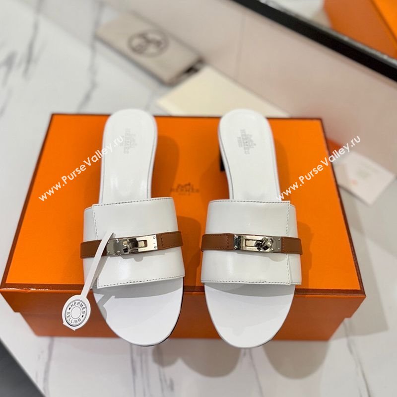 Hermes Gigi Heel Slides Sandal 4.5cm in Calfskin Leather with Kelly Buckle White 2025 0421 (MD-250421032)