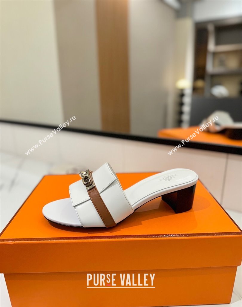Hermes Gigi Heel Slides Sandal 4.5cm in Calfskin Leather with Kelly Buckle White 2025 0421 (MD-250421032)