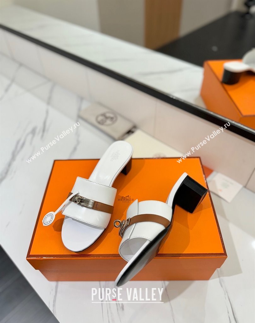 Hermes Gigi Heel Slides Sandal 4.5cm in Calfskin Leather with Kelly Buckle White 2025 0421 (MD-250421032)