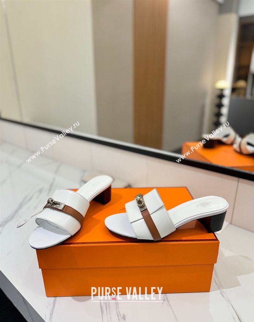 Hermes Gigi Heel Slides Sandal 4.5cm in Calfskin Leather with Kelly Buckle White 2025 0421 (MD-250421032)