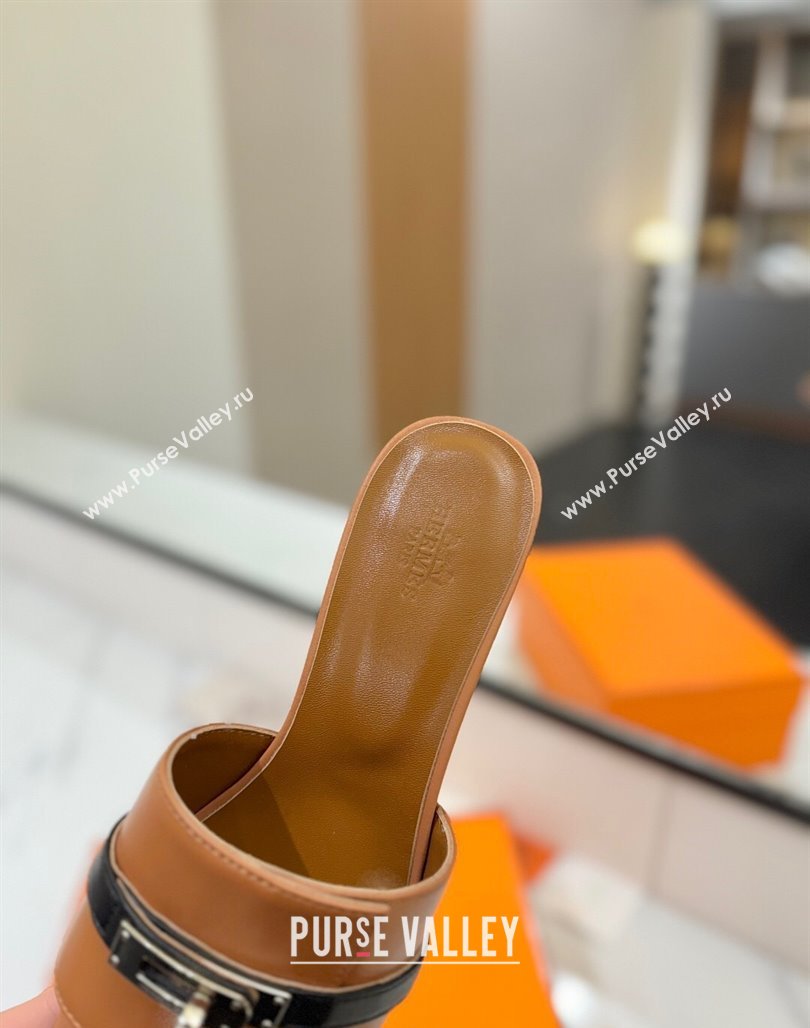 Hermes Gigi Heel Slides Sandal 4.5cm in Calfskin Leather with Kelly Buckle Brown 2025 0421 (MD-250421033)