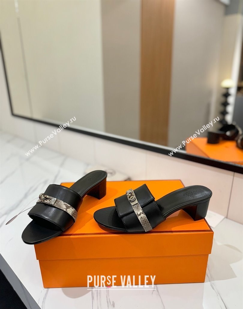 Hermes Gigi Heel Slides Sandal 4.5cm in Calfskin Leather with Kelly Buckle Black 2025 0421 (MD-250421034)
