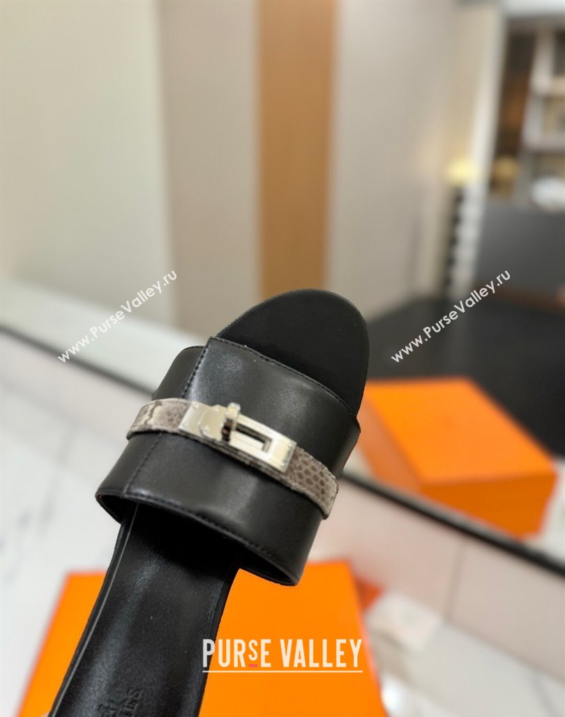 Hermes Gigi Heel Slides Sandal 4.5cm in Calfskin Leather with Kelly Buckle Black 2025 0421 (MD-250421034)